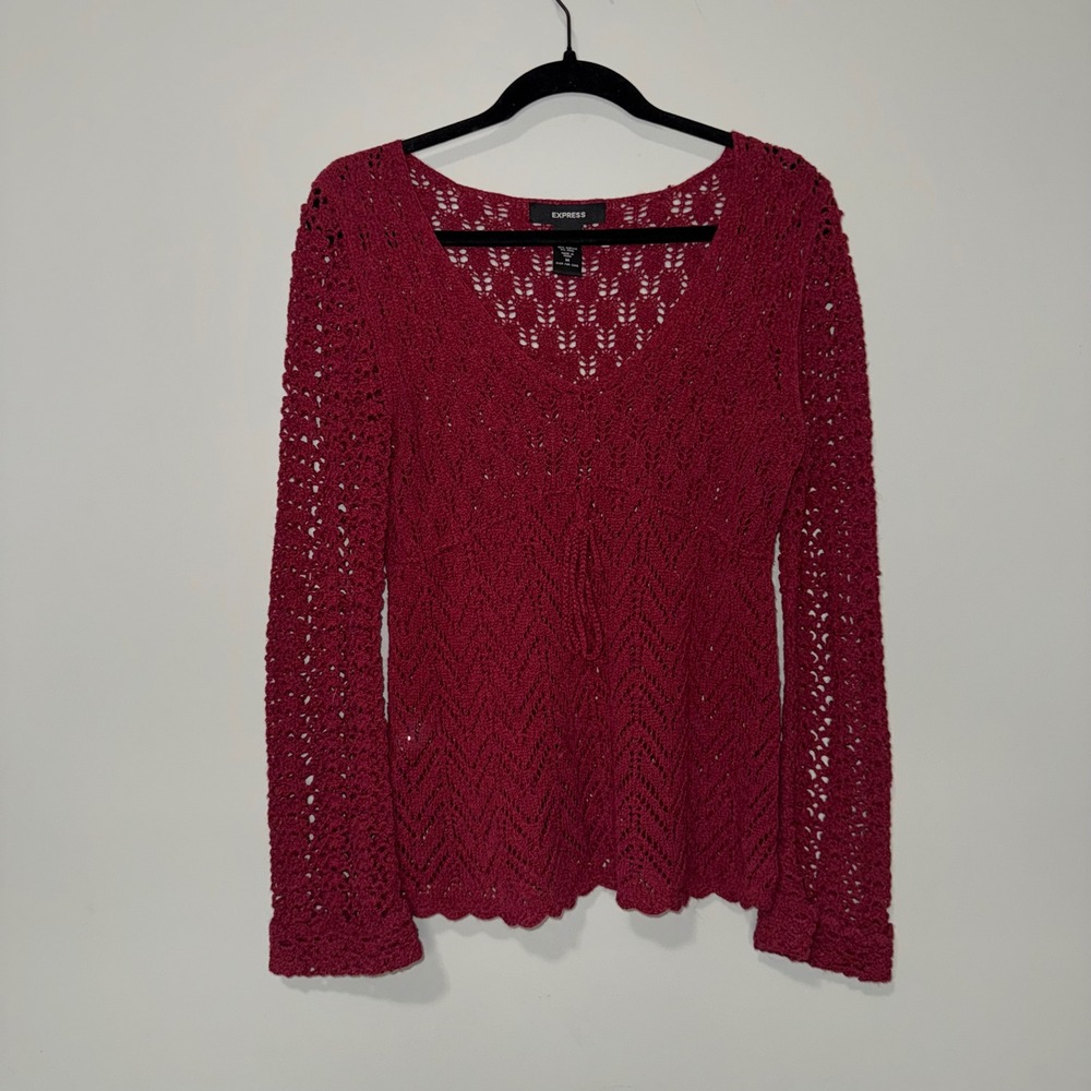Express Women Burgundy Crochet Knit V-Neck Empire Waist Long Sleeve Sweater M